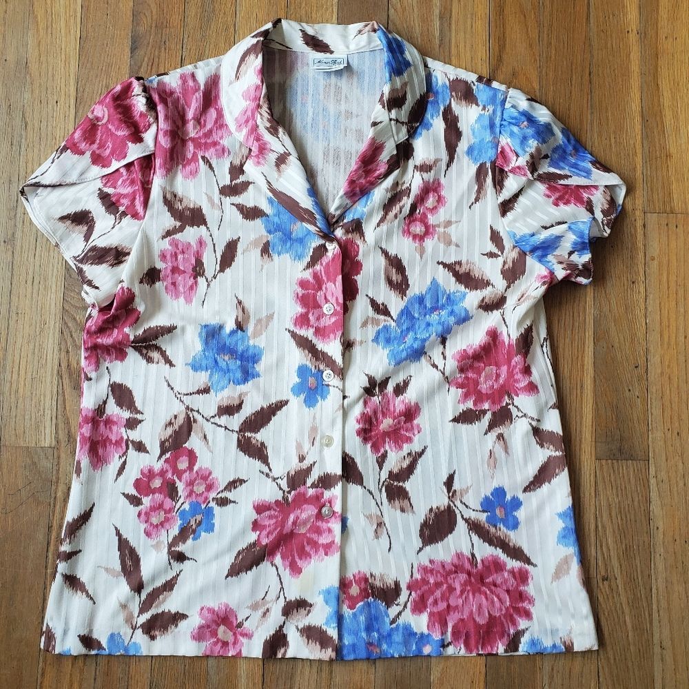 Vintage Manor Park By Cos Cob Floral Button‎ Up Short Ruffle Sleeve Top Size 16